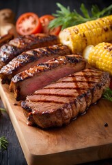 Grilled sliced beef steak on a wooden presentation plate