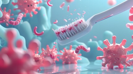 A minimalist 3D scene featuring a charming toothbrush heroically escaping a swarm of cartoon germs