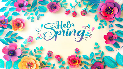 Spring joyful colorful themed greeting card "Hello Spring" on a light yellow background with floral design, calligraphic inscriptions 6