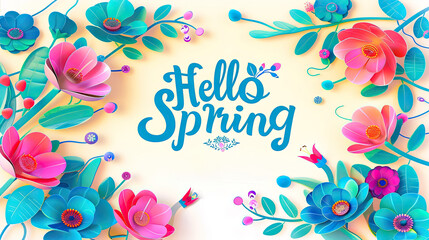 Spring joyful colorful themed greeting card "Hello Spring" on a light yellow background with floral design, calligraphic inscriptions 7
