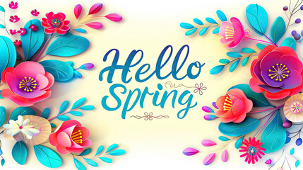 Spring joyful colorful themed greeting card "Hello Spring" on a light yellow background with floral design, calligraphic inscriptions 5