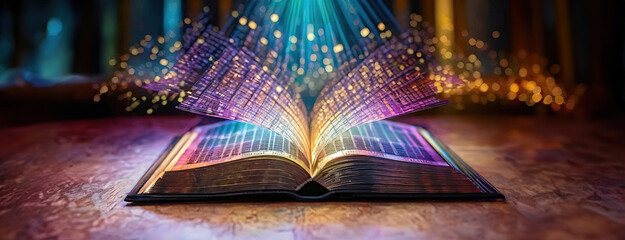 Illuminated open book with vibrant data streams. Panorama with copy space. Tomes radiate information, glowing lines signify digital age learning. Panorama with copy space.