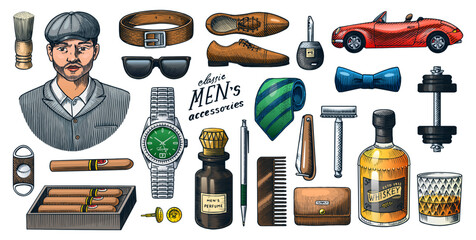 Gentleman accessories set. Hipster or businessman, victorian era, car. Engraved hand drawn vintage. Brogues, briefcase, shirt and cigar. Cylinder hat, smoking pipe. - 756024642
