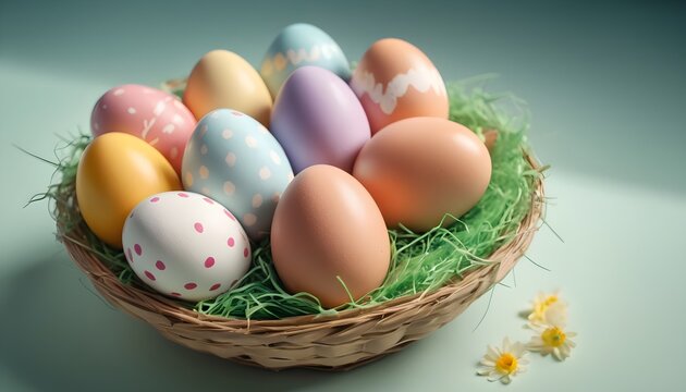 Colorful painted easter eggs in a nest background