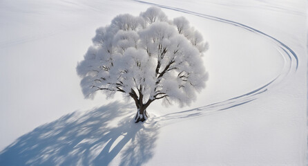 Photo taken by drone of a large white tree in winter. The shadow of the tree hits the snow on the ground. Lines on the snow surface moving towards the tree. - Generative AI