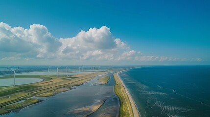 An aerial view of an offshore windmill park in the ocean, located in Flevoland, Netherlands, on the Ijsselmeer. 