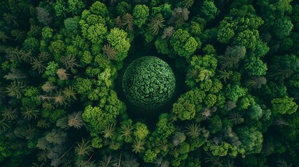 An aerial top-down view of a lush green forest with the earth held in hands, symbolizing the...