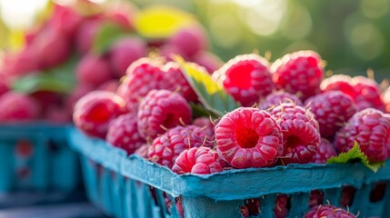 Fresh Organic Raspberries in Blue Punnets on Outdoor Market Table with Natural Backlight