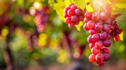Sunlit Ripe Grape Clusters on Vine in Vineyard, Concept of Wine Making and Harvest Season