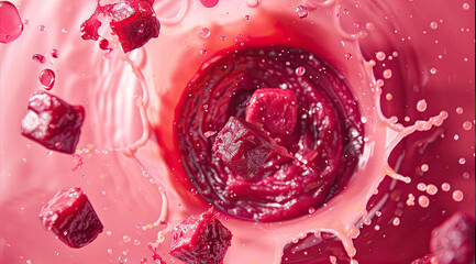 Dynamic Splash of Rich Beetroot Juice on a Crimson Background.