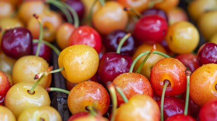 Close-up Assortment of Fresh Ripe Red and Yellow Cherries with Water Drops, Colorful Fruit Background