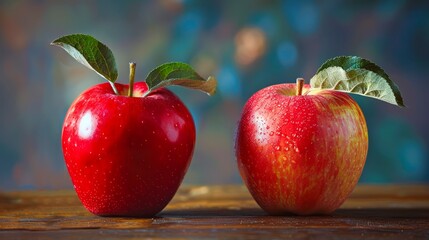Fresh Red Apples with Leaves on Wooden Table against Blurred Background, Vibrant Autumn Harvest Concept, Juicy Fruit Close-Up, Healthy Eating