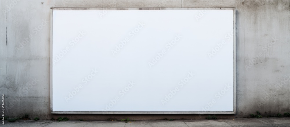 Aufkleber a rectangular white board made of composite material hangs on a concrete wall. its font is bold and 