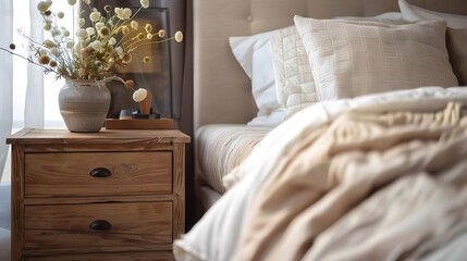 Close up of bedside cabinet near bed with beige bedding. French country interior design of modern...
