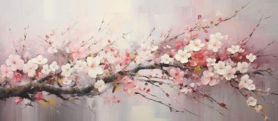 A beautiful painting of a cherry blossom tree branch with pink and white flowers, capturing the...