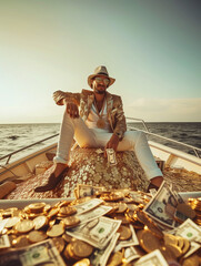 Man Sitting on Boat Filled With Money. Generative AI