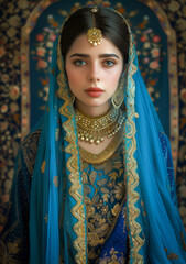 Woman in Blue and Gold Outfit. Generative AI