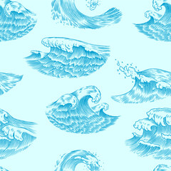 Atlantic tidal waves. Vintage old engraved hand drawn labels. Seamless Pattern. Marine and nautical or sea, ocean in Japanese style for banner, background or poster. Isolated vector illustration. - 756028286