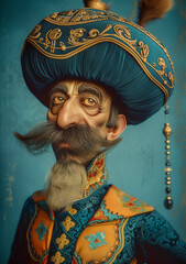 Man in Traditional Ottoman Attire With Elaborate Turban and Embroidered Jacket. Generative AI