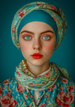 Woman With Blue Eyes Wearing Head Scarf. Generative AI