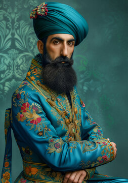 Man in Blue Turban With Long Beard. Generative AI