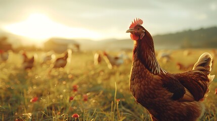Free range chicken farm and sustainable agriculture. Organic poultry farming. Chickens roaming free in sustainable and animal-friendly farm. Free range bird in agriculture grass field.