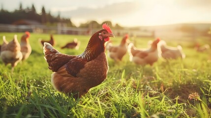 Free range chicken farm and sustainable agriculture. Organic poultry farming. Chickens roaming free in sustainable and animal-friendly farm. Free range bird in agriculture grass field. - obrazy, fototapety, plakaty