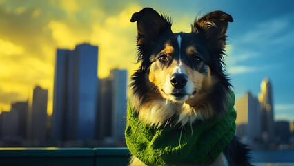 a cute happy collie dog with a green scarf against the backdrop of a big city view and nicely saturated duotone sunrise colors