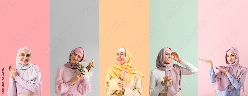 Sticker Set of young Muslim women on color background