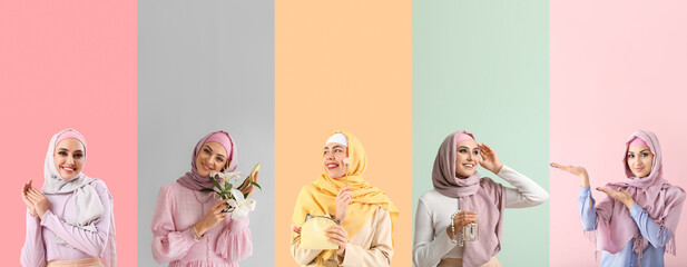 Set of young Muslim women on color background
