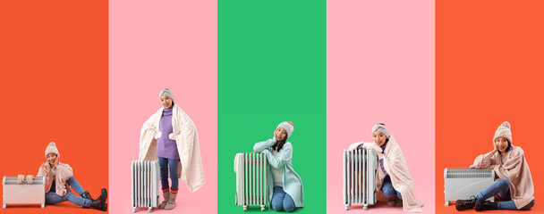 Collage of young Asian woman in warm winter clothes and radiator on color background