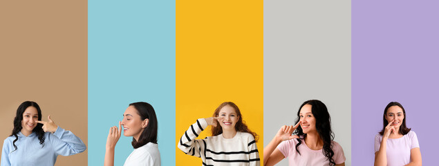 Collage of young women pointing at their noses on white background