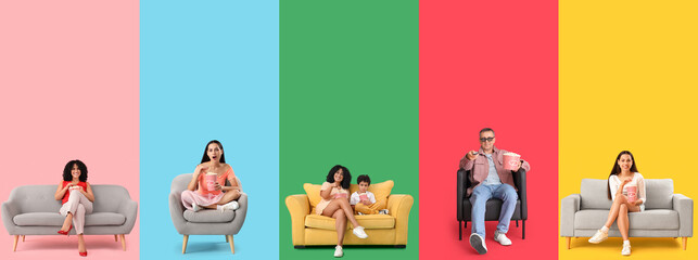 Group of people with popcorn watching movie on color background