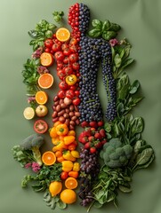 Diet, healthy eating. Man consisting of fruits, healthy and happy, on isolated color background with fruits and vegetables
