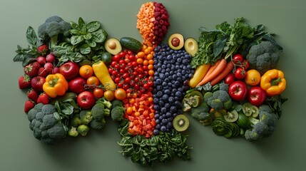 Naklejka na ściany i meble Diet, healthy eating. Man consisting of fruits, healthy and happy, on isolated color background with fruits and vegetables