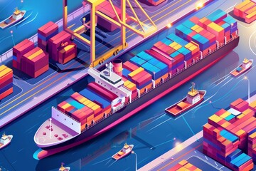 Global shipping solutions isometric landing page. Transport logistics, ship port delivery service company, truck cargo transportation, worldwide export, import industrial business 3d web banner