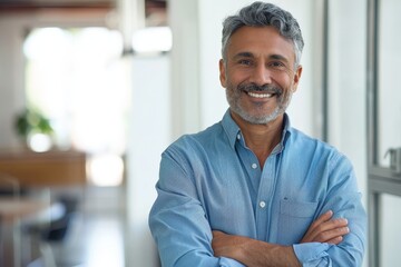 Handsome hispanic senior business man with crossed arms smiling at camera. Indian or latin confident mature good looking middle age leader male businessman on blur office background with copy space