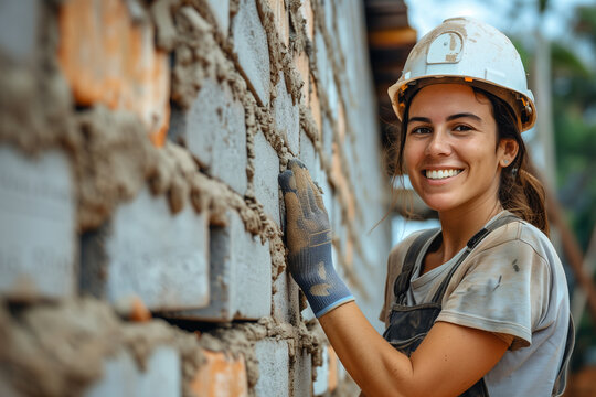 Builder and bricklayer with copy space on a brick and cement wall, woman working with a smile and enterprising