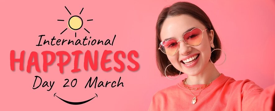 Banner for International Day of Happiness with stylish happy woman - Powered by Adobe