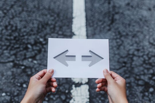Hands holding paper with arrows crossroad symbol splitted in three different directions. Choose the correct way between left, right and front. Difficult decision concept, over asphalt road background