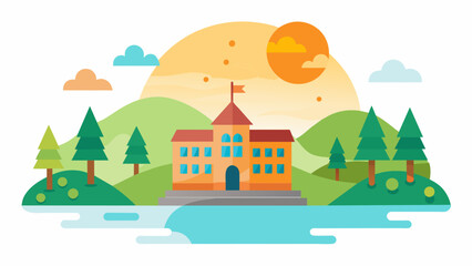 a cute school and sunlight on the river of tree,hill and vector on white background