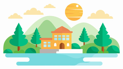 a cute school and sunlight on the river of tree,hill 
 and vector on white background