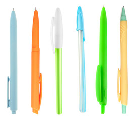 Set of ball point pens on white background