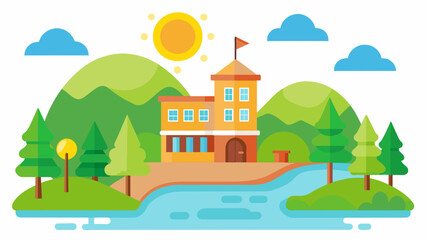 a cute school and sunlight on the river of tree,hill 
 and vector on white background