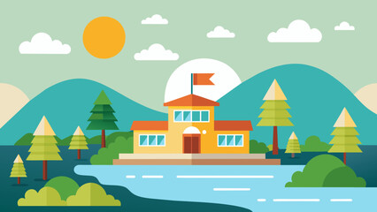 a cute school and sunlight on the river of tree,hill 
 and vector on white background