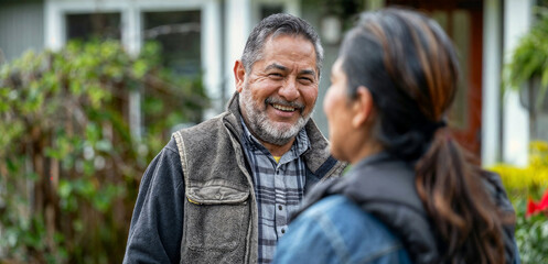 Mature Lawn arborist technician installer worker talking to customer making a sale in the front yard of a home, happy conversation about work well done, working class, casual, outdoors neighbors friel