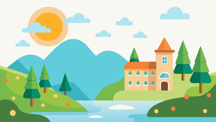 a cute school and sunlight on the river of tree,hill 
 and vector on white background