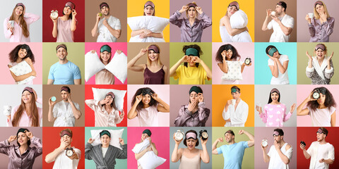 Group of different people with sleep masks on color background