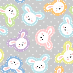 Fototapeta premium Cute white rabbit on a grey background with polka dot texture, pink, blue, yellow sticker style, kids colorful kawaii seamless pattern