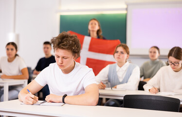 Students study in classroom, teacher stands behind with flag of Denmark